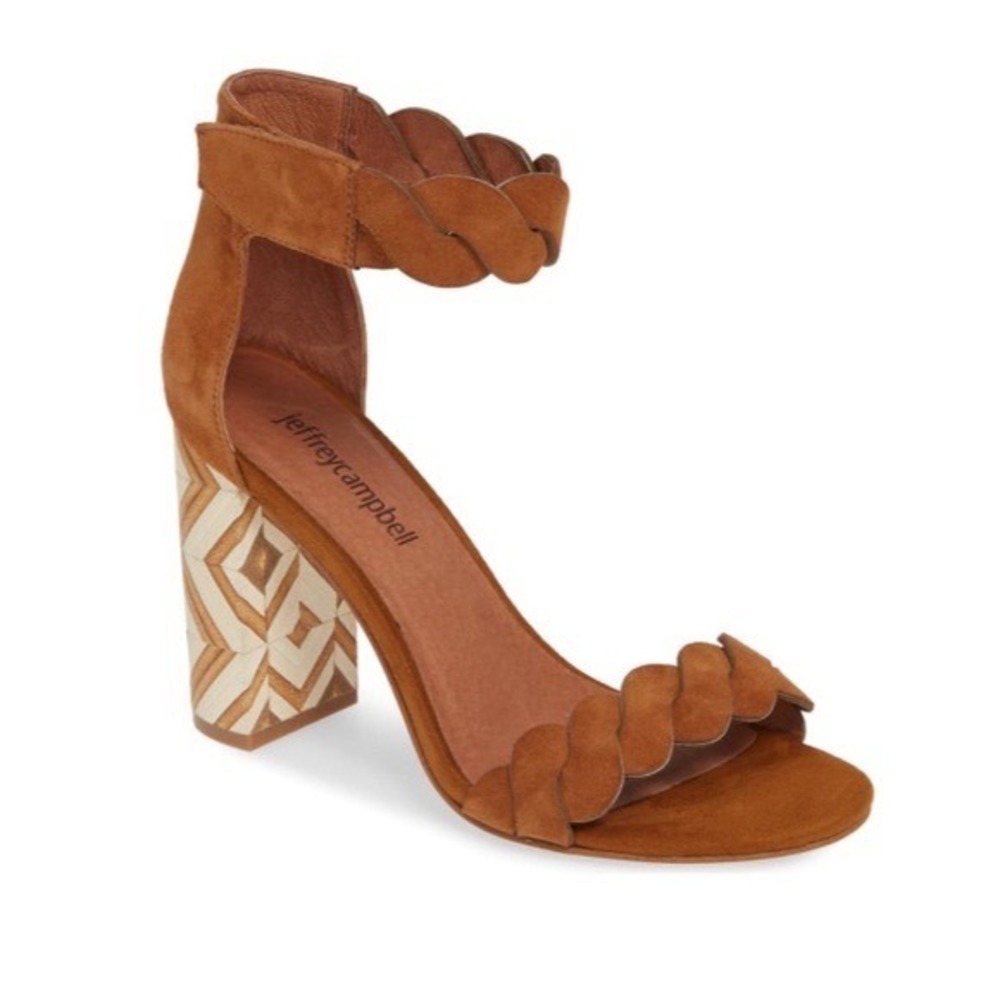Jeffrey Campbell Lindsay Tan Suede‎ Braided Ankle Strap Geometric Heel Sandal 6